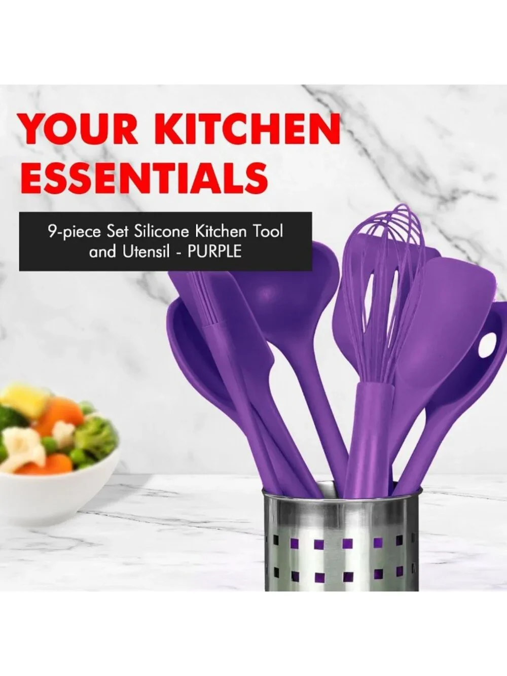9-Piece Premium Silicone Kitchen Utensil Set - Heat Resistant, Non-Stick, Purple